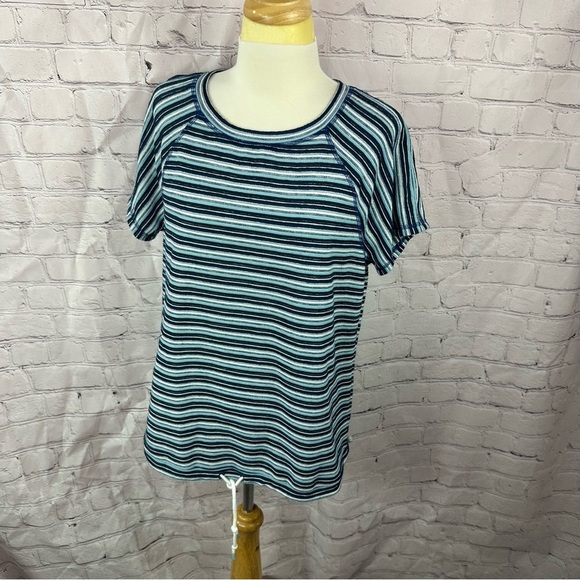 T by Talbots Navy  White Striped Short Sleeve Top cut out back sz L - Picture 1 of 8
